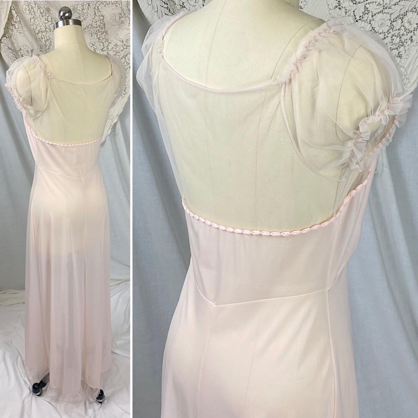 Vintage 1950's Nightgown | Semi Sheer Pink Nylon with Tulle Bodice and Puffed Sleeves | Size XS, S | By Beverly Vogue - New with Tags - Daggers & Dames