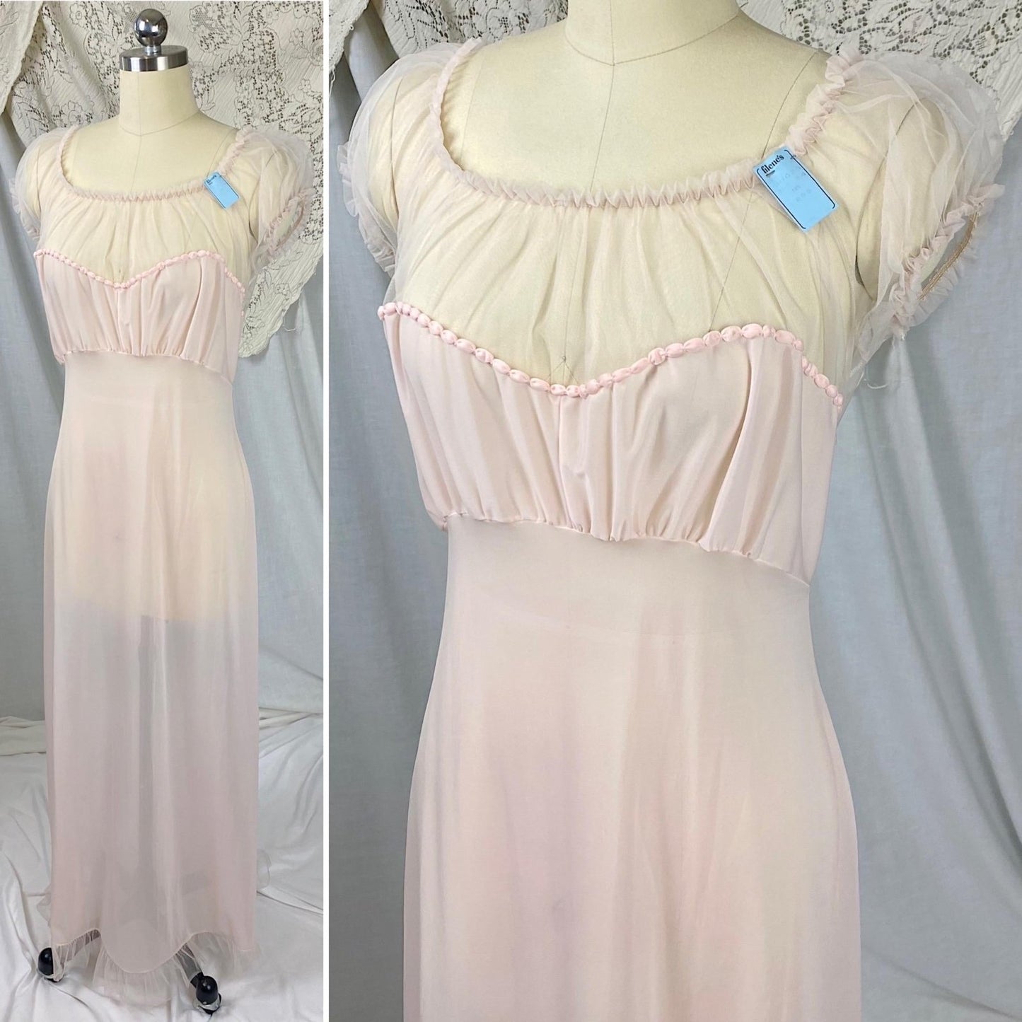 Vintage 1950's Nightgown | Semi Sheer Pink Nylon with Tulle Bodice and Puffed Sleeves | Size XS, S | By Beverly Vogue - New with Tags - Daggers & Dames