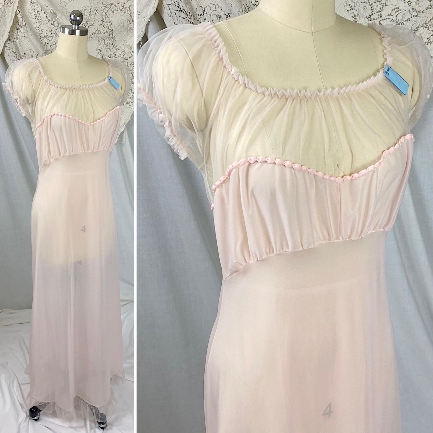 Vintage 1950's Nightgown | Semi Sheer Pink Nylon with Tulle Bodice and Puffed Sleeves | Size XS, S | By Beverly Vogue - New with Tags - Daggers & Dames