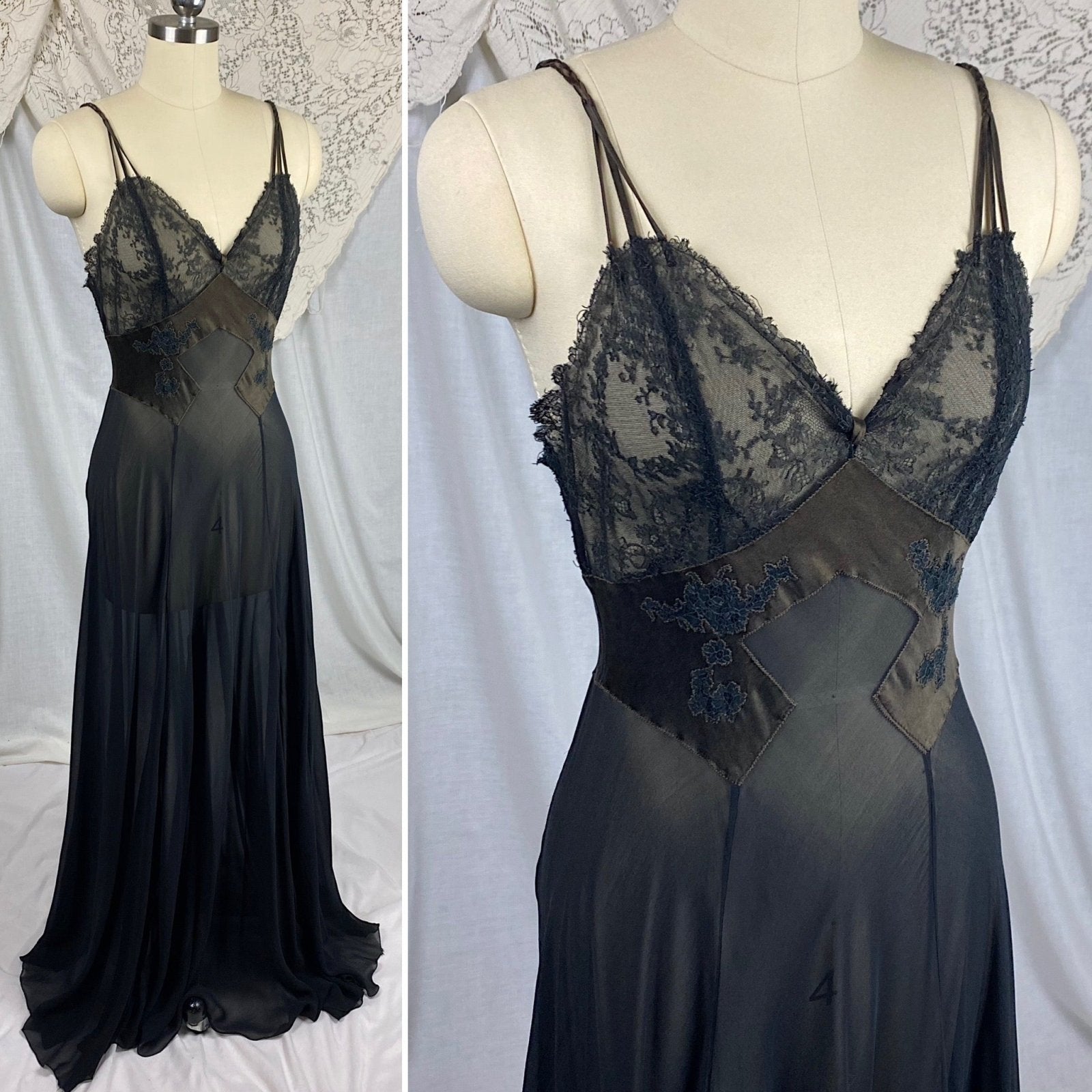 Vintage 1950's Nightgown | Sheer Black Chiffon with Deep Olive Green Satin inserts & Chantilly Lace | Size S, M | By Lucie Ann - Daggers & Dames