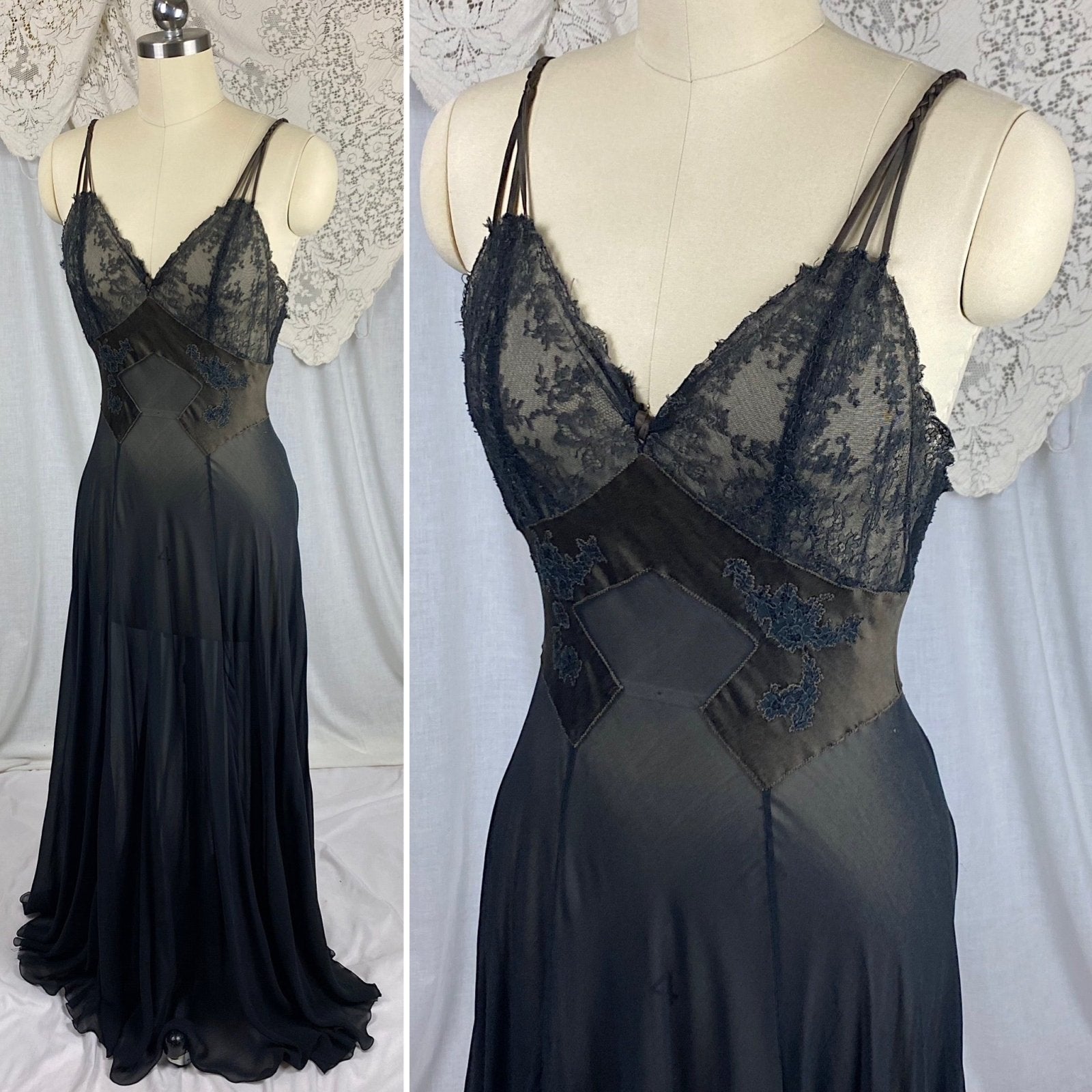 Vintage 1950's Nightgown | Sheer Black Chiffon with Deep Olive Green Satin inserts & Chantilly Lace | Size S, M | By Lucie Ann - Daggers & Dames