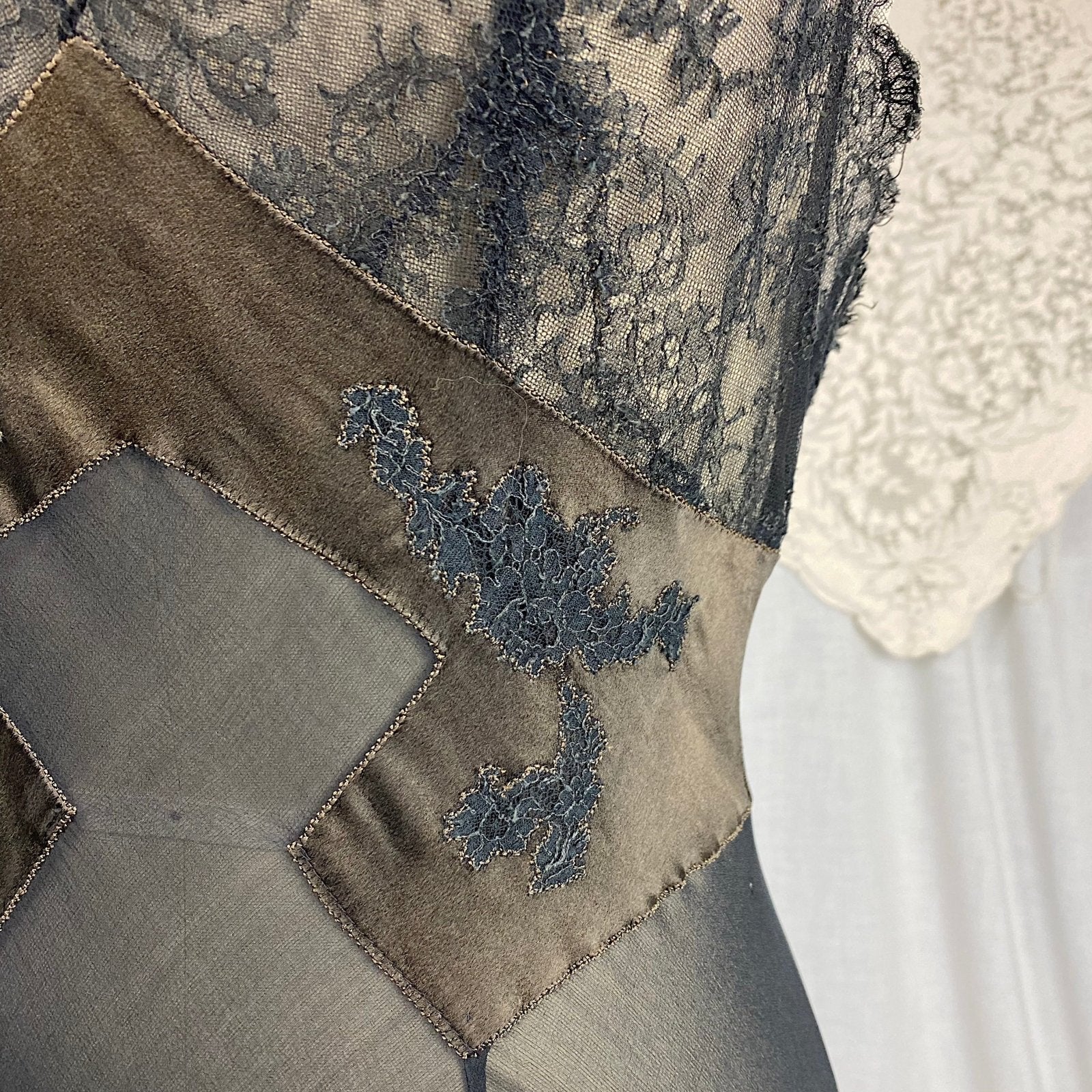 Vintage 1950's Nightgown | Sheer Black Chiffon with Deep Olive Green Satin inserts & Chantilly Lace | Size S, M | By Lucie Ann - Daggers & Dames