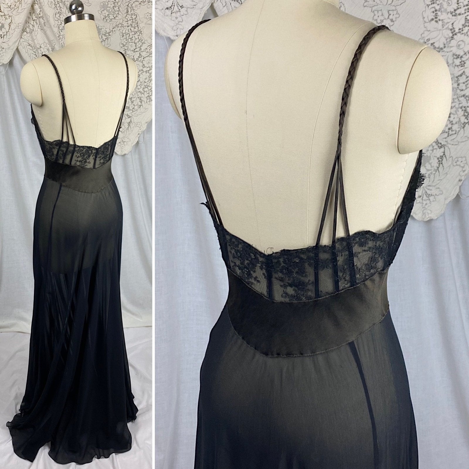 Vintage 1950's Nightgown | Sheer Black Chiffon with Deep Olive Green Satin inserts & Chantilly Lace | Size S, M | By Lucie Ann - Daggers & Dames