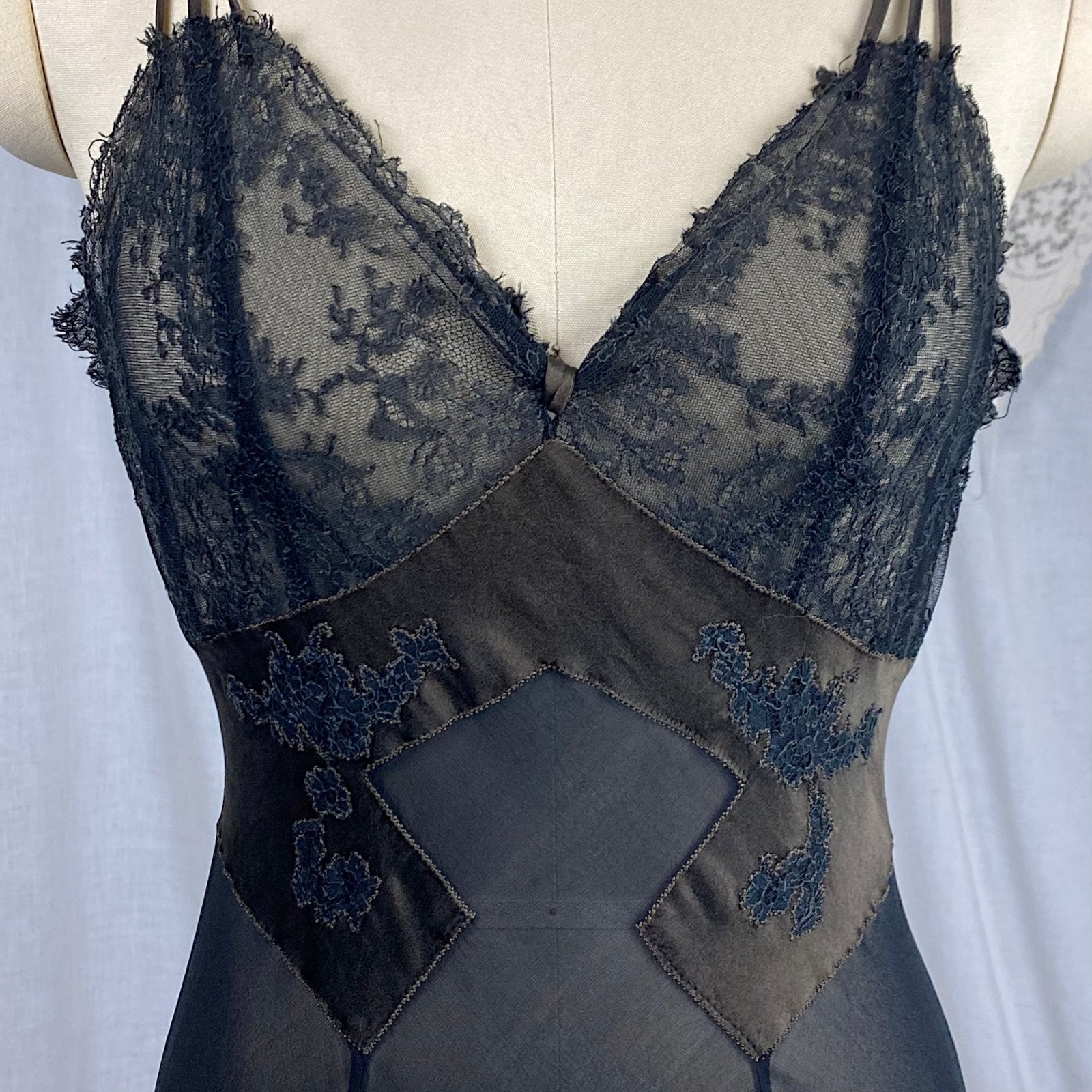 Vintage 1950's Nightgown | Sheer Black Chiffon with Deep Olive Green Satin inserts & Chantilly Lace | Size S, M | By Lucie Ann - Daggers & Dames