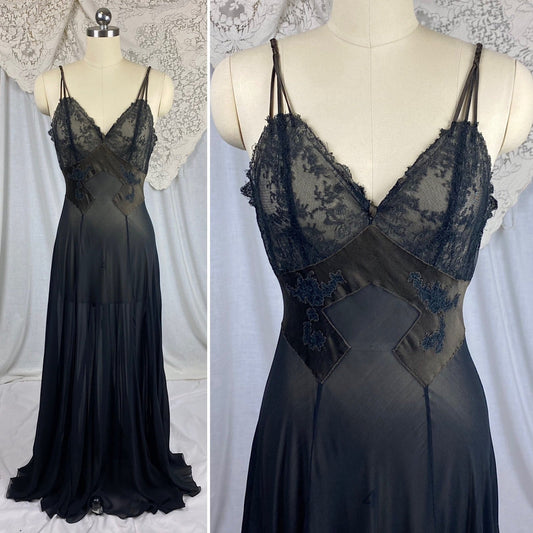 Vintage 1950's Nightgown | Sheer Black Chiffon with Deep Olive Green Satin inserts & Chantilly Lace | Size S, M | By Lucie Ann - Daggers & Dames
