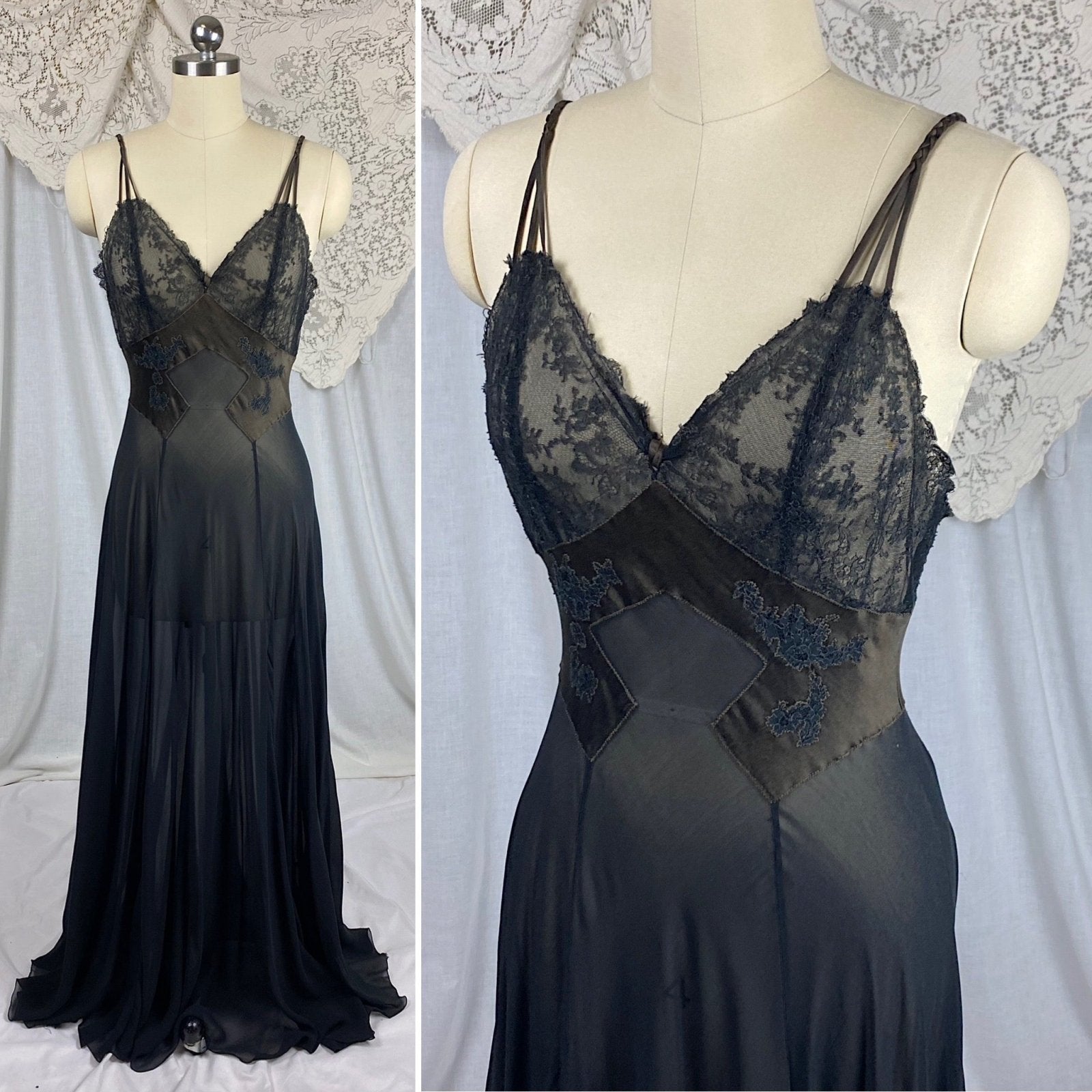 Vintage 1950's Nightgown | Sheer Black Chiffon with Deep Olive Green Satin inserts & Chantilly Lace | Size S, M | By Lucie Ann - Daggers & Dames