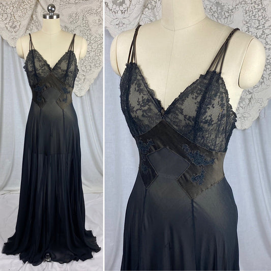 Vintage 1950's Nightgown | Sheer Black Chiffon with Deep Olive Green Satin inserts & Chantilly Lace | Size S, M | By Lucie Ann - Daggers & Dames