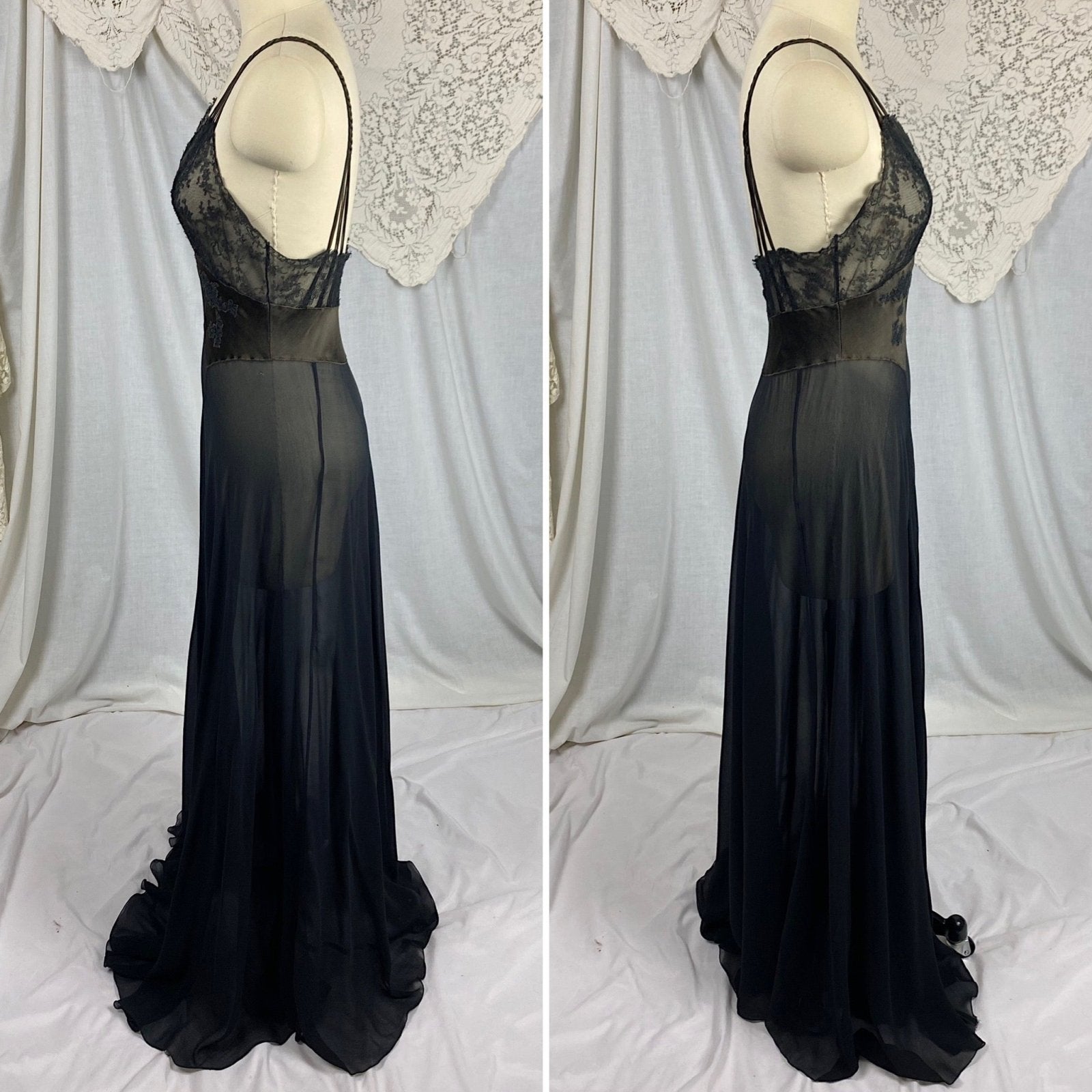 Vintage 1950's Nightgown | Sheer Black Chiffon with Deep Olive Green Satin inserts & Chantilly Lace | Size S, M | By Lucie Ann - Daggers & Dames