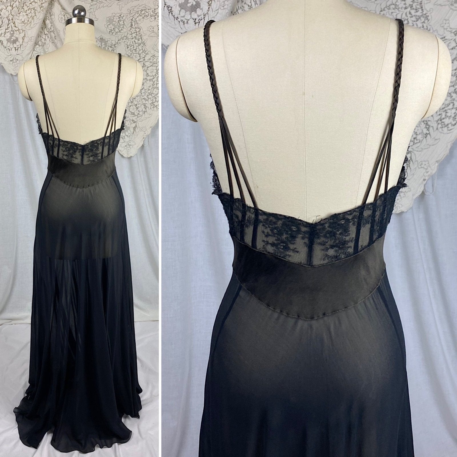 Vintage 1950's Nightgown | Sheer Black Chiffon with Deep Olive Green Satin inserts & Chantilly Lace | Size S, M | By Lucie Ann - Daggers & Dames