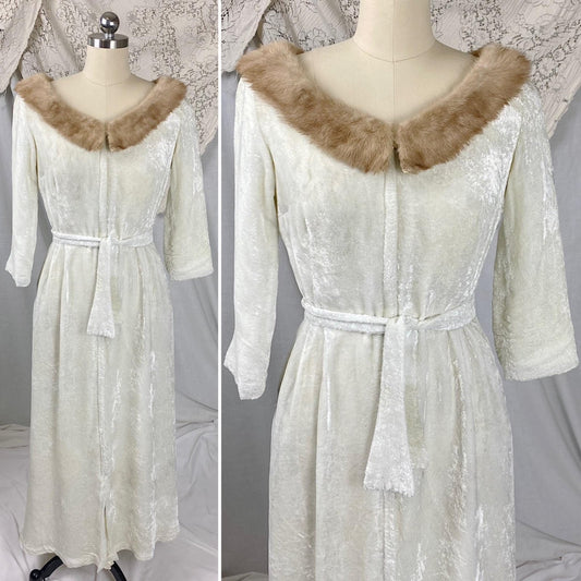 Vintage 1950's Robe | White Rayon Velvet with Blonde Mink Collar & Satin Lining | Size XS, S | By Bard's Toronto - Daggers & Dames