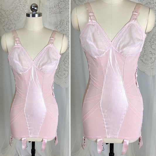 Vintage 1950's Rose Pink Rayon Satin All - in - One Girdle - By Promise by Poirette, size S, M - Daggers & Dames
