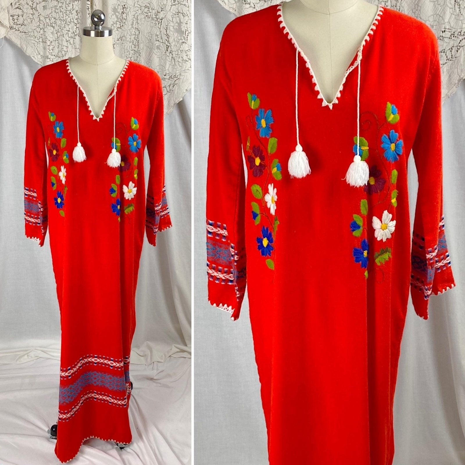 Vintage 1960's - 1970's Kaftan Maxi Dress | Bright Red Acrylic Wool with Floral Embroidery | Size S, M - Daggers & Dames