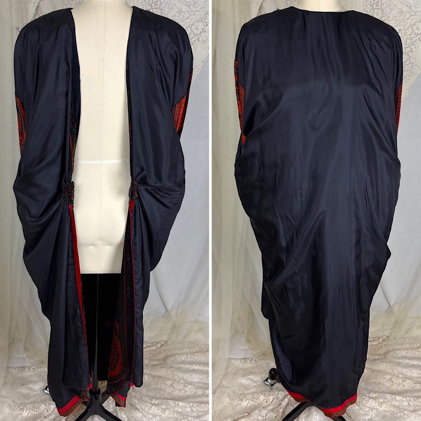 Vintage 1960's - 1970's Persian Boteh - Art Nouveau Revival Velour Robe with Elaborate Metal Clasp, Size S, M, LG - Daggers & Dames