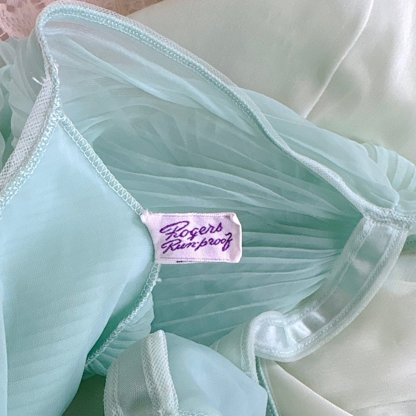 Vintage 1960's Nightgown - Mint Green Nylon with Crystal Pleated Chiffon Bust - by Rogers, size M - Daggers & Dames