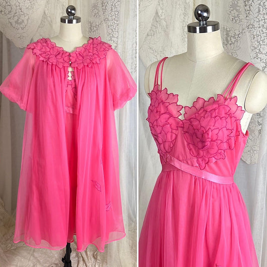 Vintage 1960's Nightgown & Peignoir Set - Bright Pink Nylon Chiffon with Flower Petal Appliques - Size S, M - By Laros - Daggers & Dames