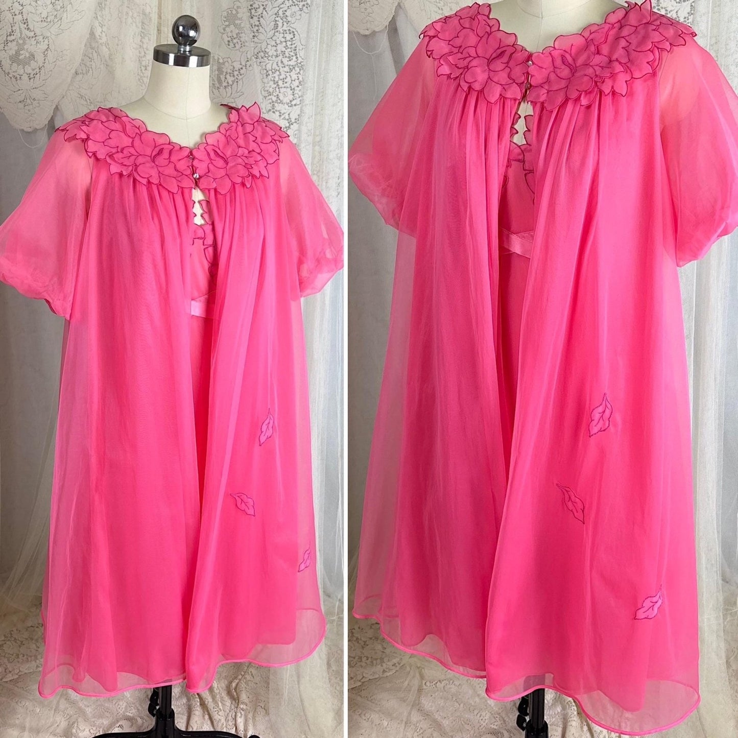 Vintage 1960's Nightgown & Peignoir Set - Bright Pink Nylon Chiffon with Flower Petal Appliques - Size S, M - By Laros - Daggers & Dames