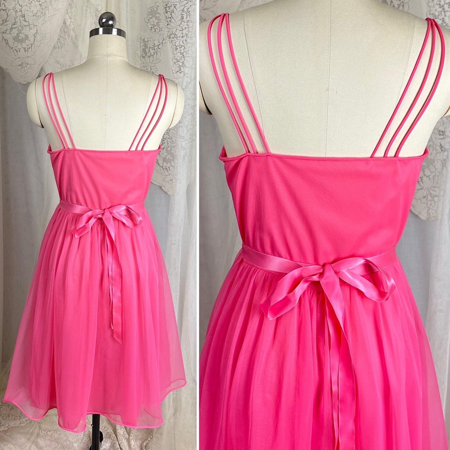 Vintage 1960's Nightgown & Peignoir Set - Bright Pink Nylon Chiffon with Flower Petal Appliques - Size S, M - By Laros - Daggers & Dames