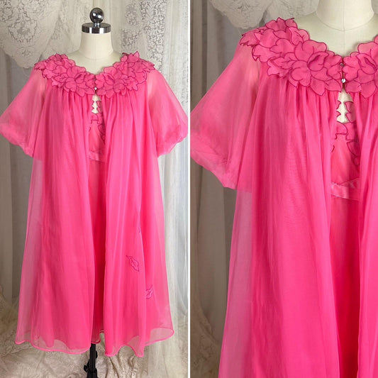 Vintage 1960's Nightgown & Peignoir Set - Bright Pink Nylon Chiffon with Flower Petal Appliques - Size S, M - By Laros - Daggers & Dames