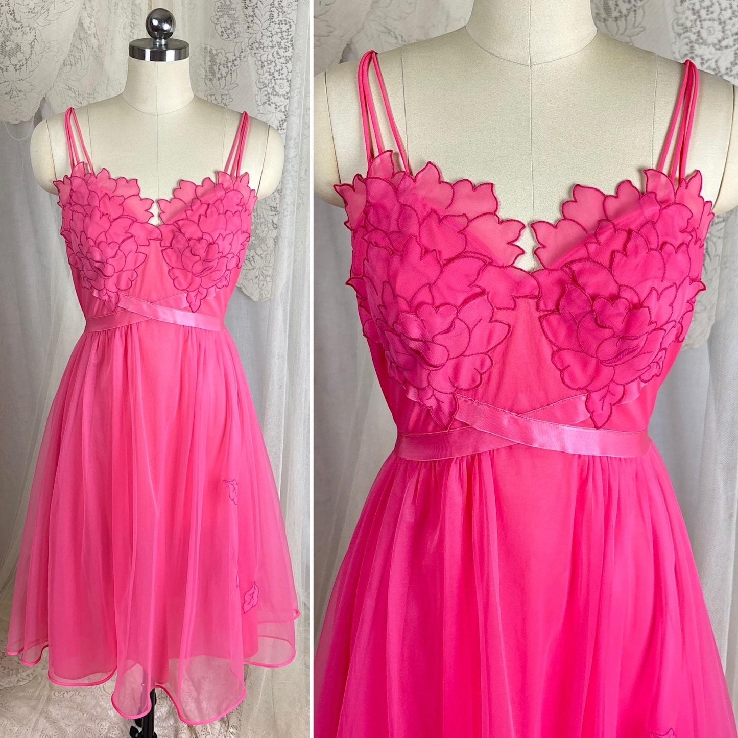 Vintage 1960's Nightgown & Peignoir Set - Bright Pink Nylon Chiffon with Flower Petal Appliques - Size S, M - By Laros - Daggers & Dames