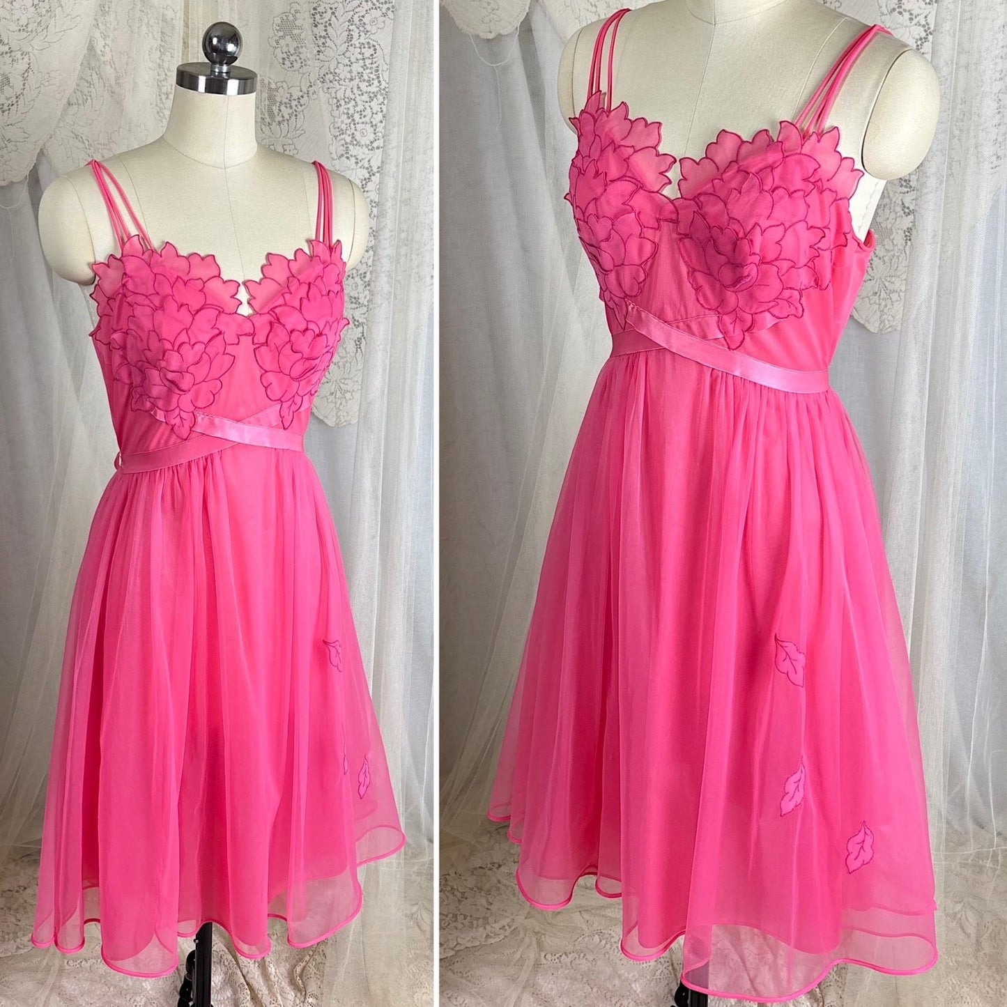 Vintage 1960's Nightgown & Peignoir Set - Bright Pink Nylon Chiffon with Flower Petal Appliques - Size S, M - By Laros - Daggers & Dames