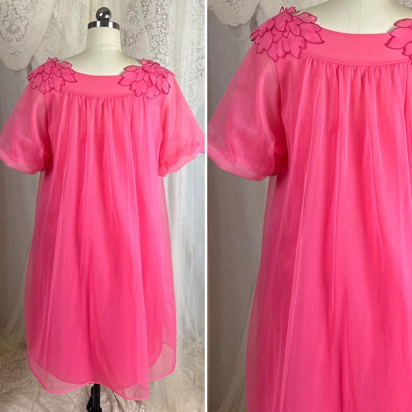 Vintage 1960's Nightgown & Peignoir Set - Bright Pink Nylon Chiffon with Flower Petal Appliques - Size S, M - By Laros - Daggers & Dames
