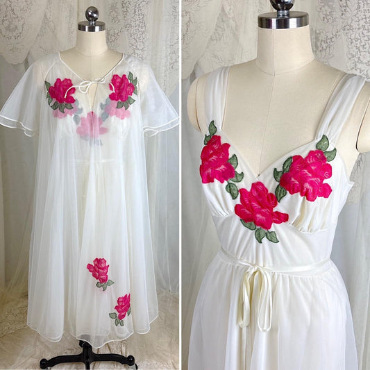 Vintage 1960's Nightgown & Peignoir Set - Double Lined White Nylon Chiffon with Bold Pink Lace Rose Appliques - Size M - By Van Raalte - Daggers & Dames