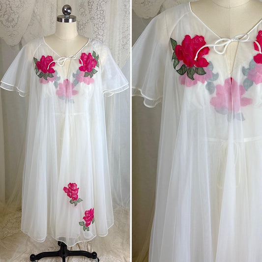Vintage 1960's Nightgown & Peignoir Set - Double Lined White Nylon Chiffon with Bold Pink Lace Rose Appliques - Size M - By Van Raalte - Daggers & Dames