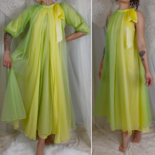 Vintage 1960's Nightgown & Peignoir Set - Lime Green and Yellow Nylon Chiffon with Satin Bow - By Chevette - Size S, M - Daggers & Dames