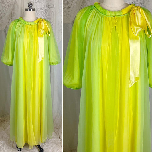 Vintage 1960's Nightgown & Peignoir Set - Lime Green and Yellow Nylon Chiffon with Satin Bow - By Chevette - Size S, M - Daggers & Dames