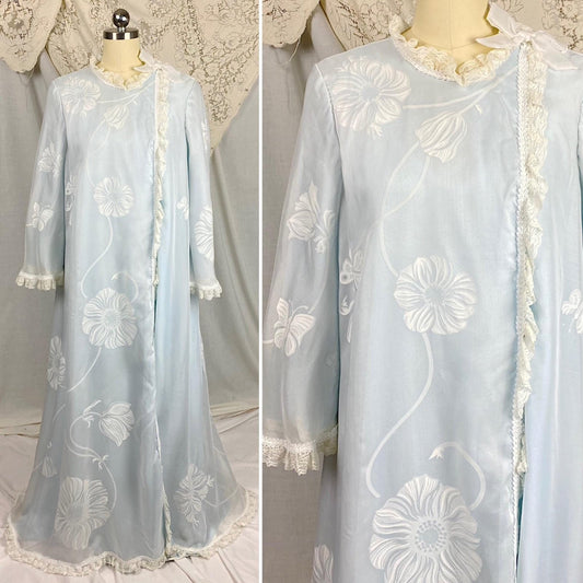 Vintage 1960's Nightgown & Peignoir Set - Powder Blue Nylon with Sheer Floral Print White Organdy Overlay - Size S - By Odette Barsa - Daggers & Dames