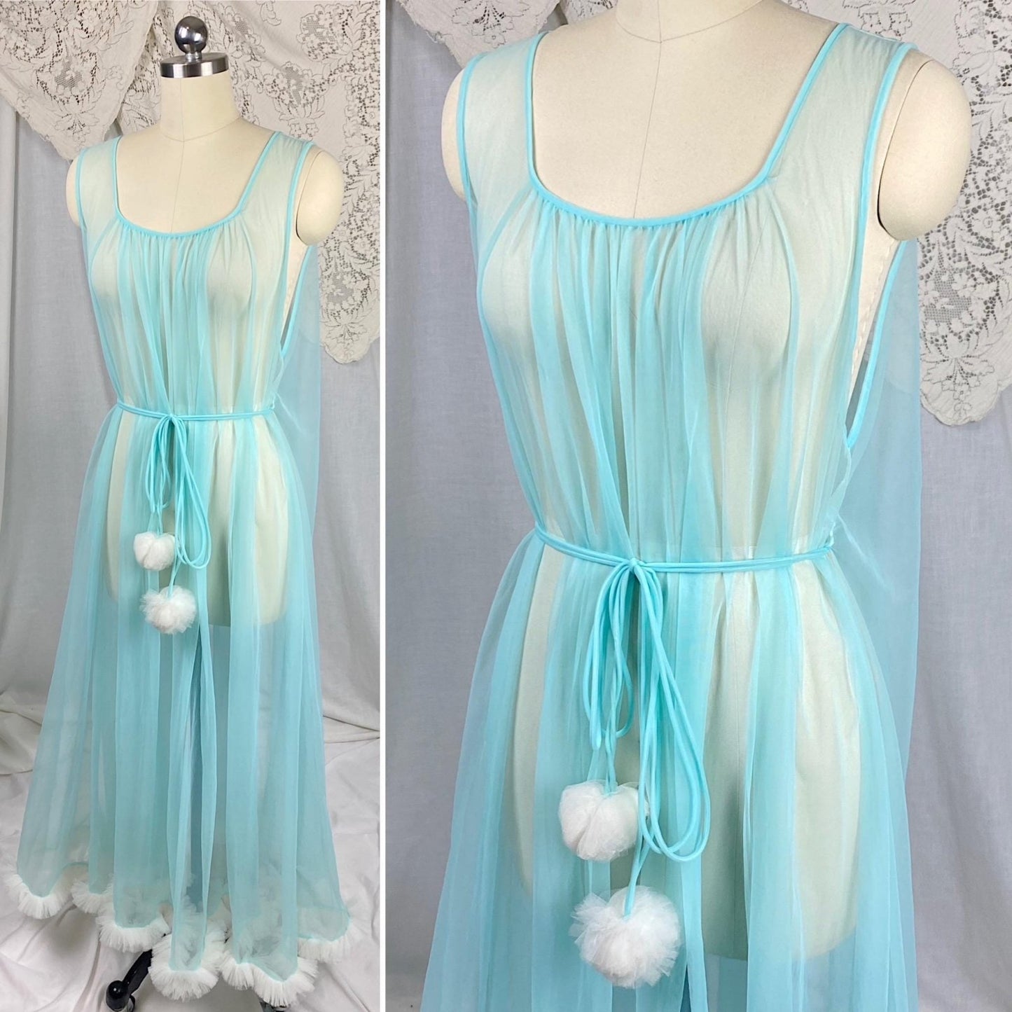 Vintage 1960's Nightgown | Sheer Sky Blue Nylon Chiffon with White Ruffled Tulle & Pom Pom Sash | Size S, M, LG, XLG - Daggers & Dames