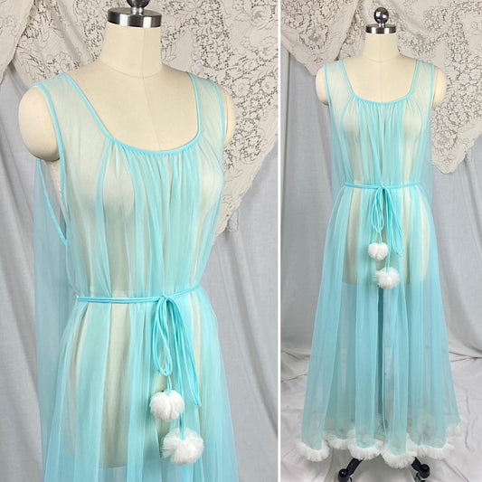 Vintage 1960's Nightgown | Sheer Sky Blue Nylon Chiffon with White Ruffled Tulle & Pom Pom Sash | Size S, M, LG, XLG - Daggers & Dames