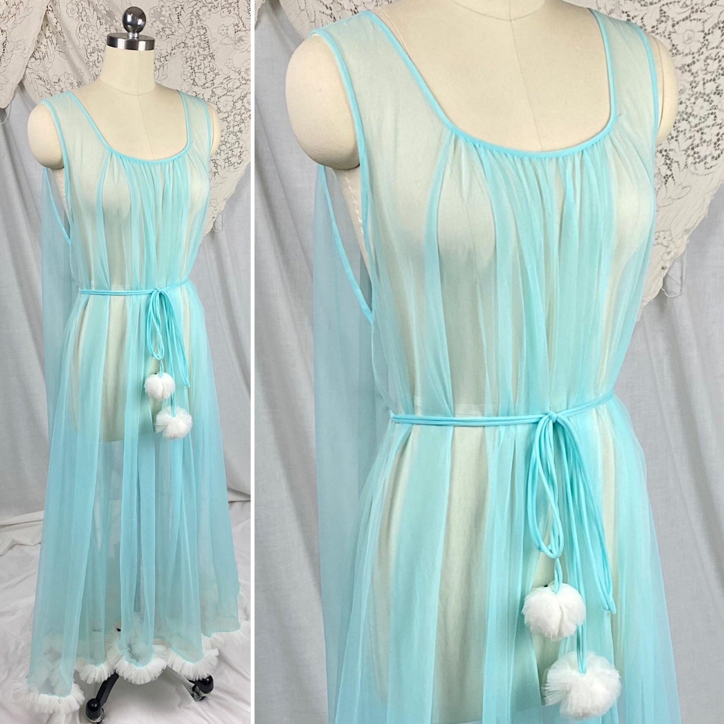 Vintage 1960's Nightgown | Sheer Sky Blue Nylon Chiffon with White Ruffled Tulle & Pom Pom Sash | Size S, M, LG, XLG - Daggers & Dames