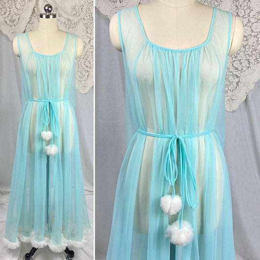 Vintage 1960's Nightgown | Sheer Sky Blue Nylon Chiffon with White Ruffled Tulle & Pom Pom Sash | Size S, M, LG, XLG - Daggers & Dames