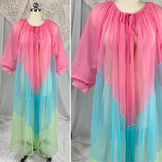 Vintage 1960's Peignoir Robe | Sheer Hot Pink, Lime Green & Blue Nylon Chiffon with Puff Sleeves | Size S, M - Daggers & Dames
