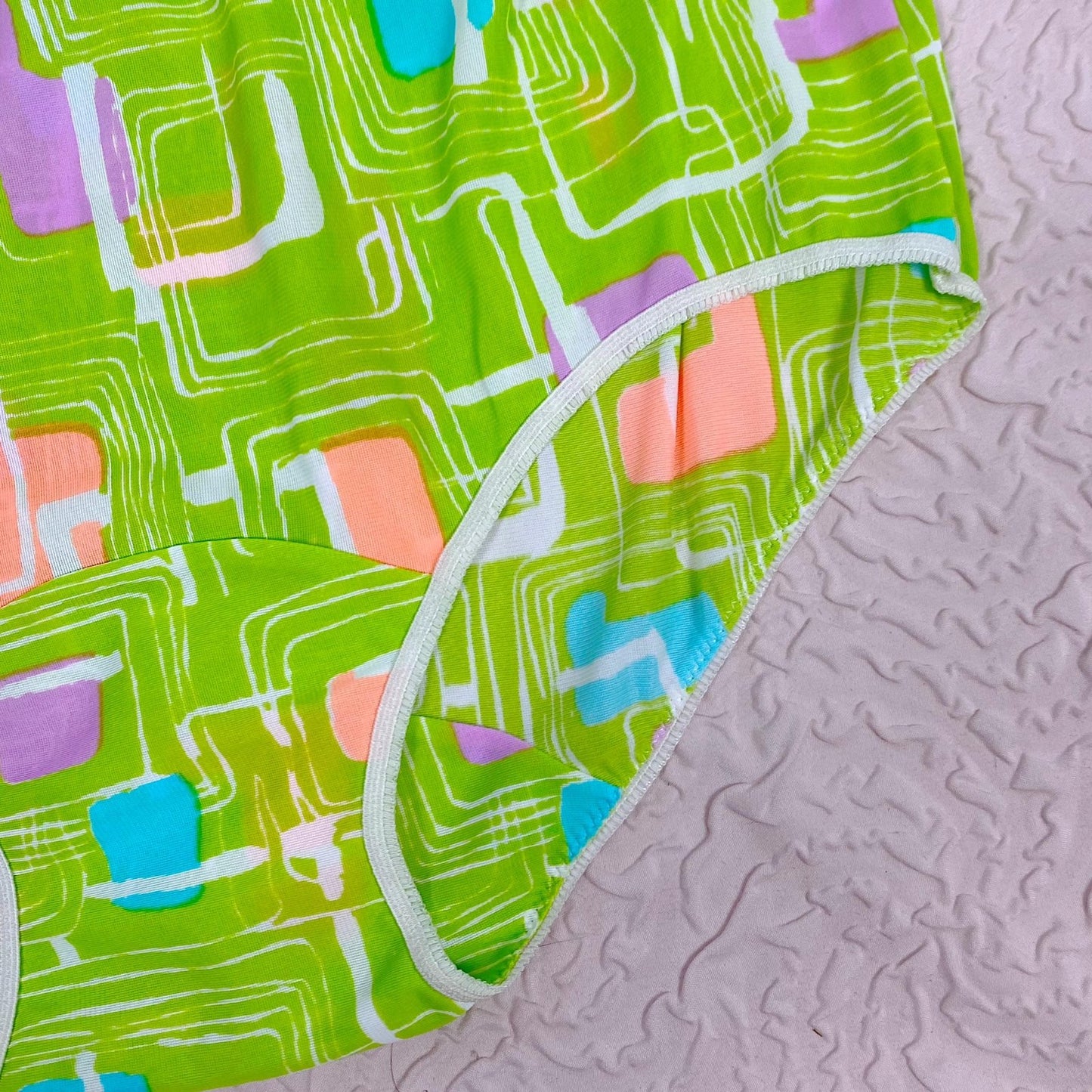 Vintage 1960's Pillow Tab Panties | High Rise Lime Green Nylon with Abstract Print & Mushroom Gusset | Size S, M | By Vassarette - Never Worn - Daggers & Dames