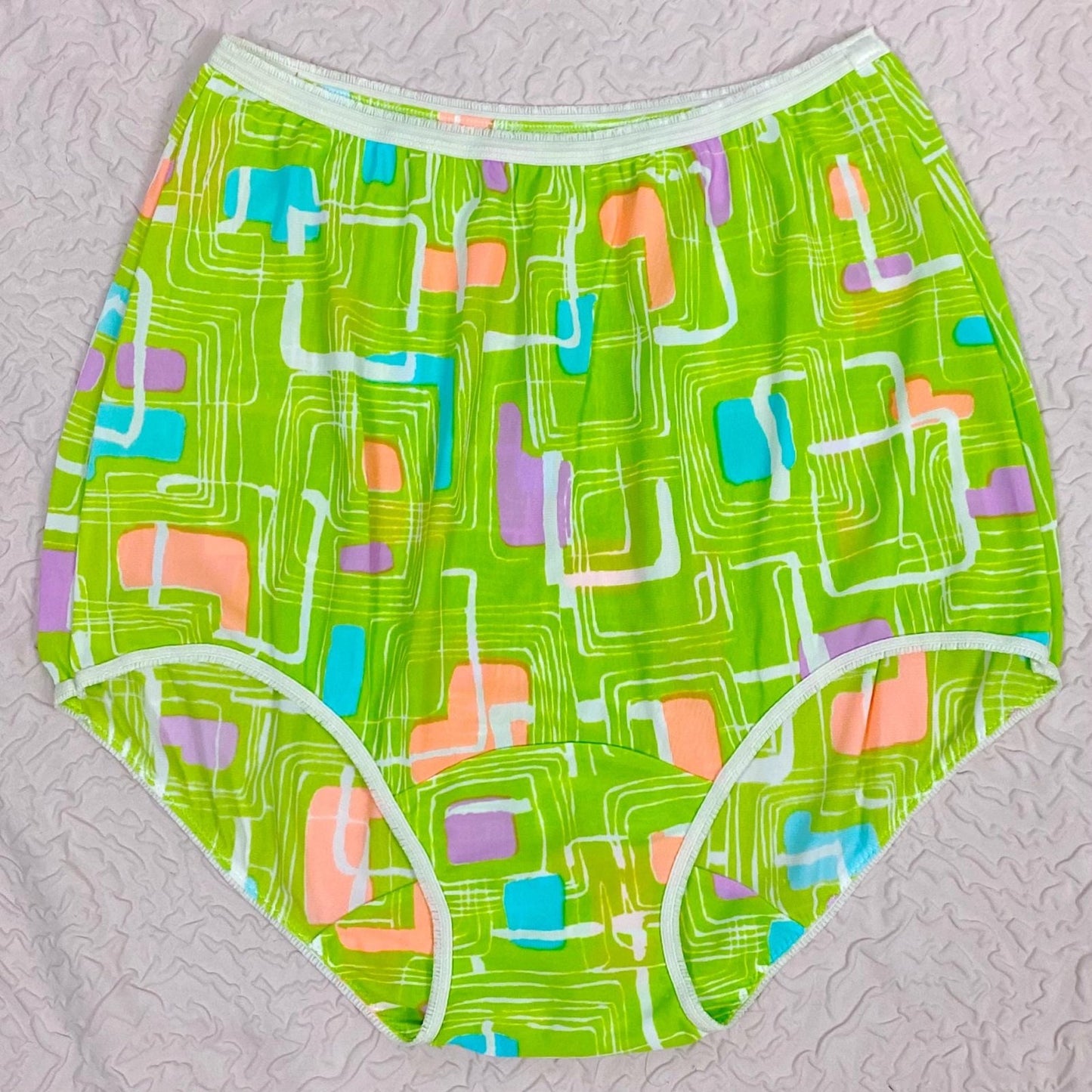 Vintage 1960's Pillow Tab Panties | High Rise Lime Green Nylon with Abstract Print & Mushroom Gusset | Size S, M | By Vassarette - Never Worn - Daggers & Dames