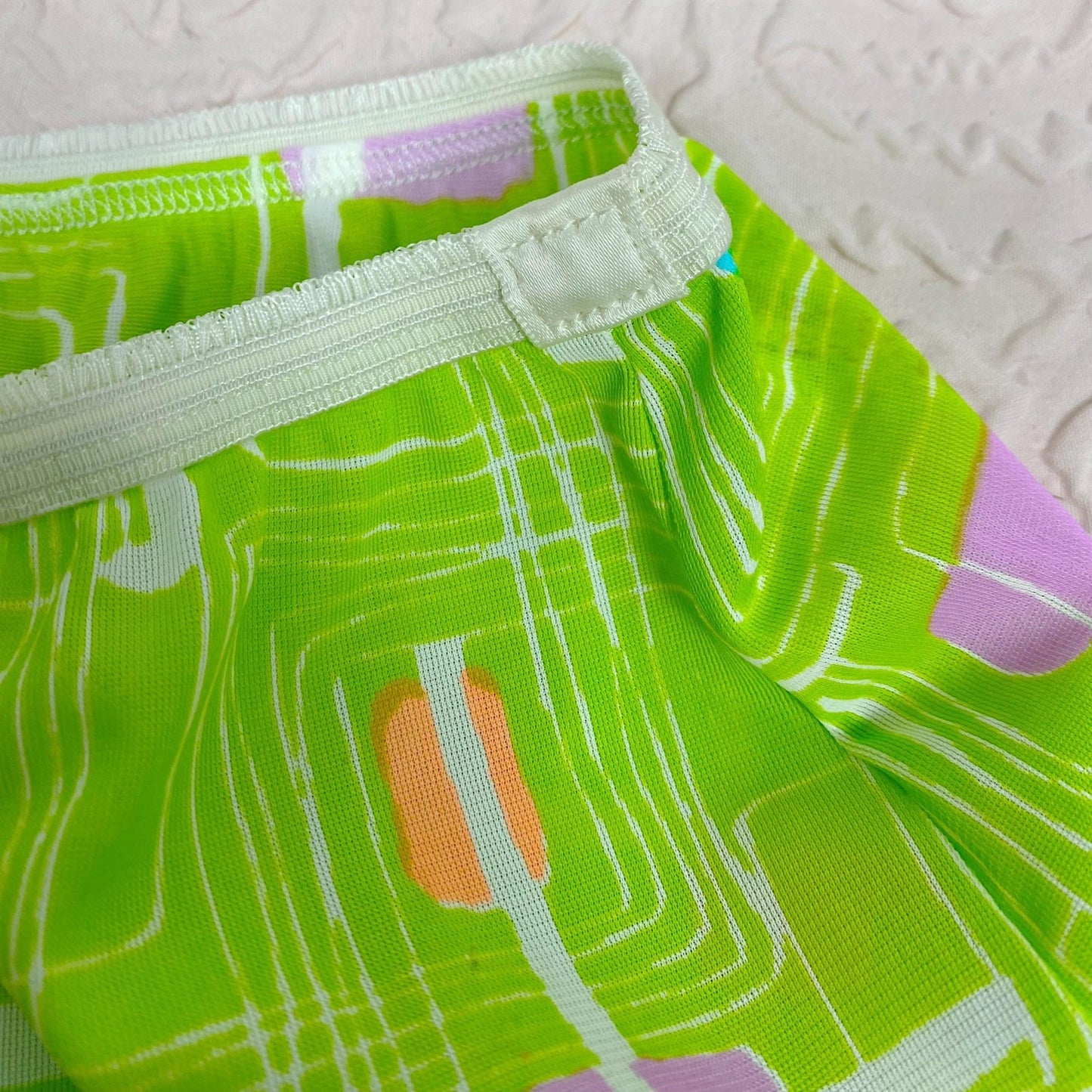 Vintage 1960's Pillow Tab Panties | High Rise Lime Green Nylon with Abstract Print & Mushroom Gusset | Size S, M | By Vassarette - Never Worn - Daggers & Dames