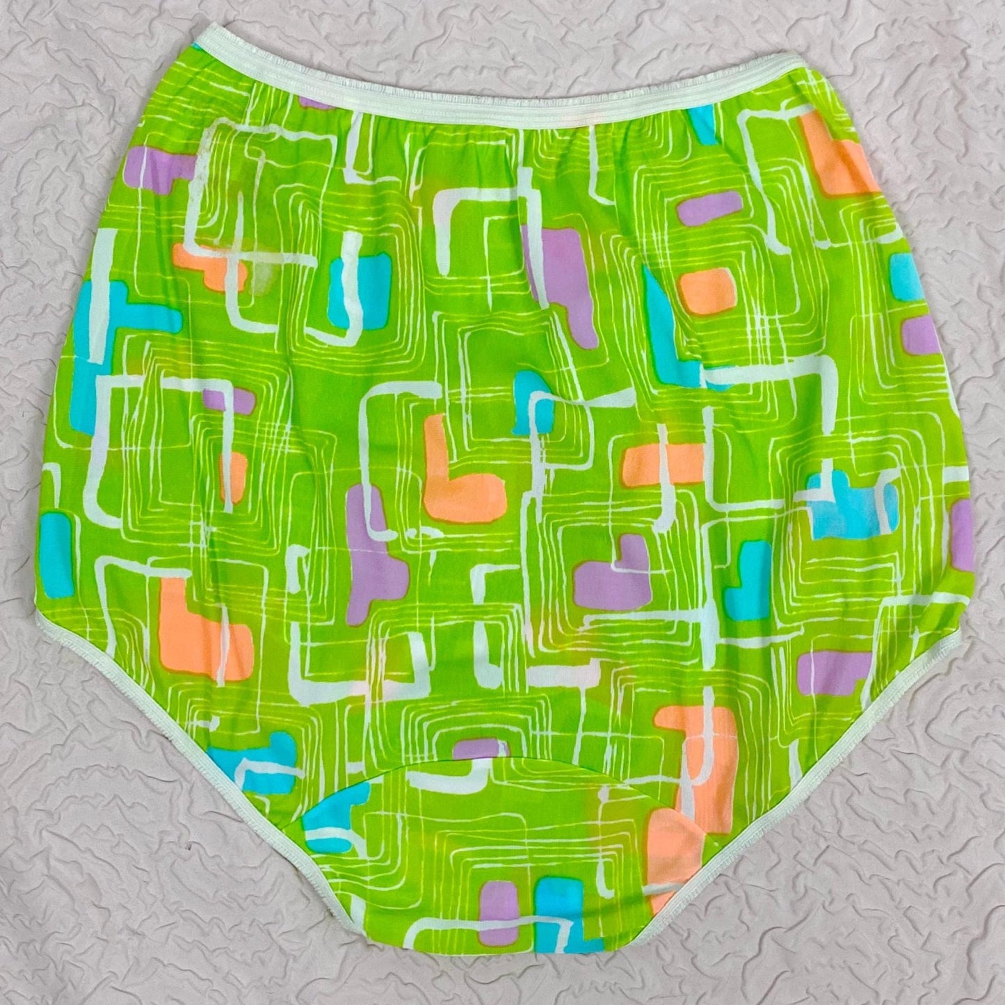Vintage 1960's Pillow Tab Panties | High Rise Lime Green Nylon with Abstract Print & Mushroom Gusset | Size S, M | By Vassarette - Never Worn - Daggers & Dames