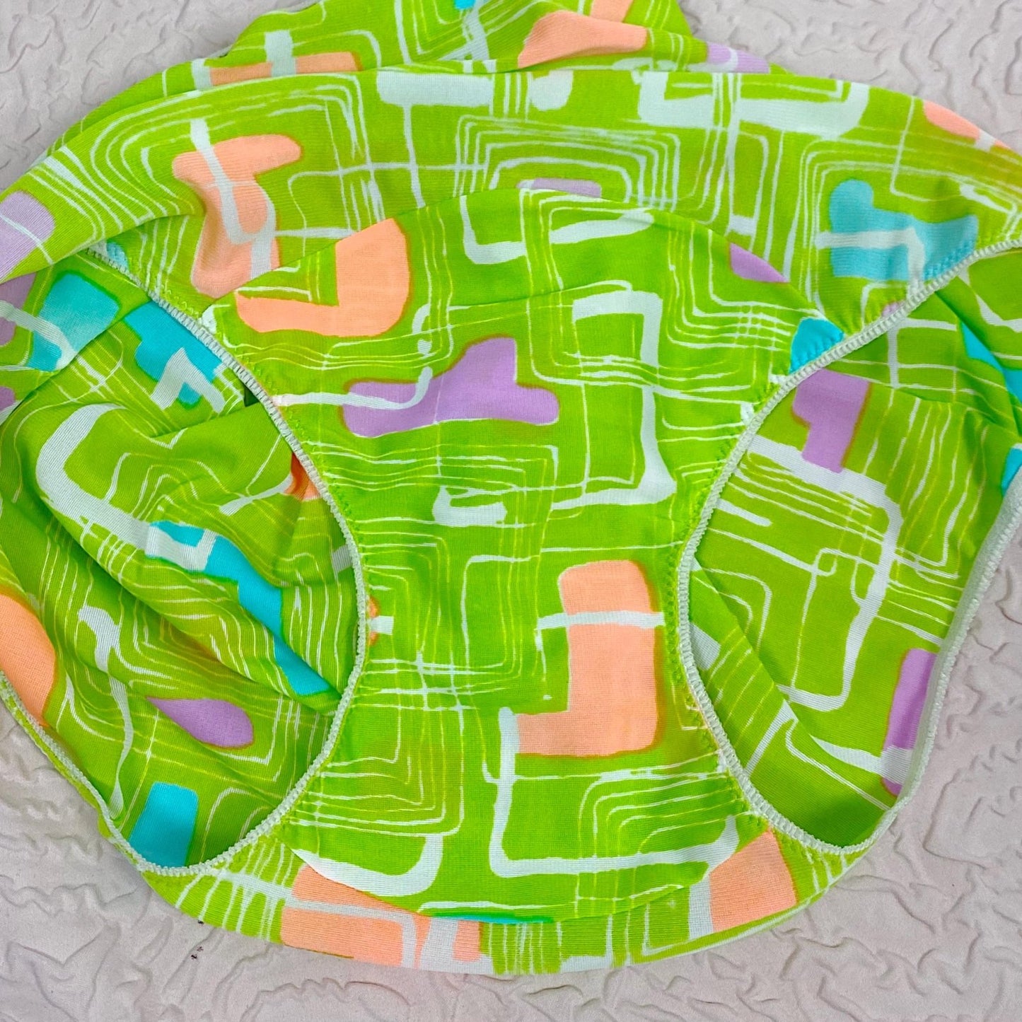 Vintage 1960's Pillow Tab Panties | High Rise Lime Green Nylon with Abstract Print & Mushroom Gusset | Size S, M | By Vassarette - Never Worn - Daggers & Dames
