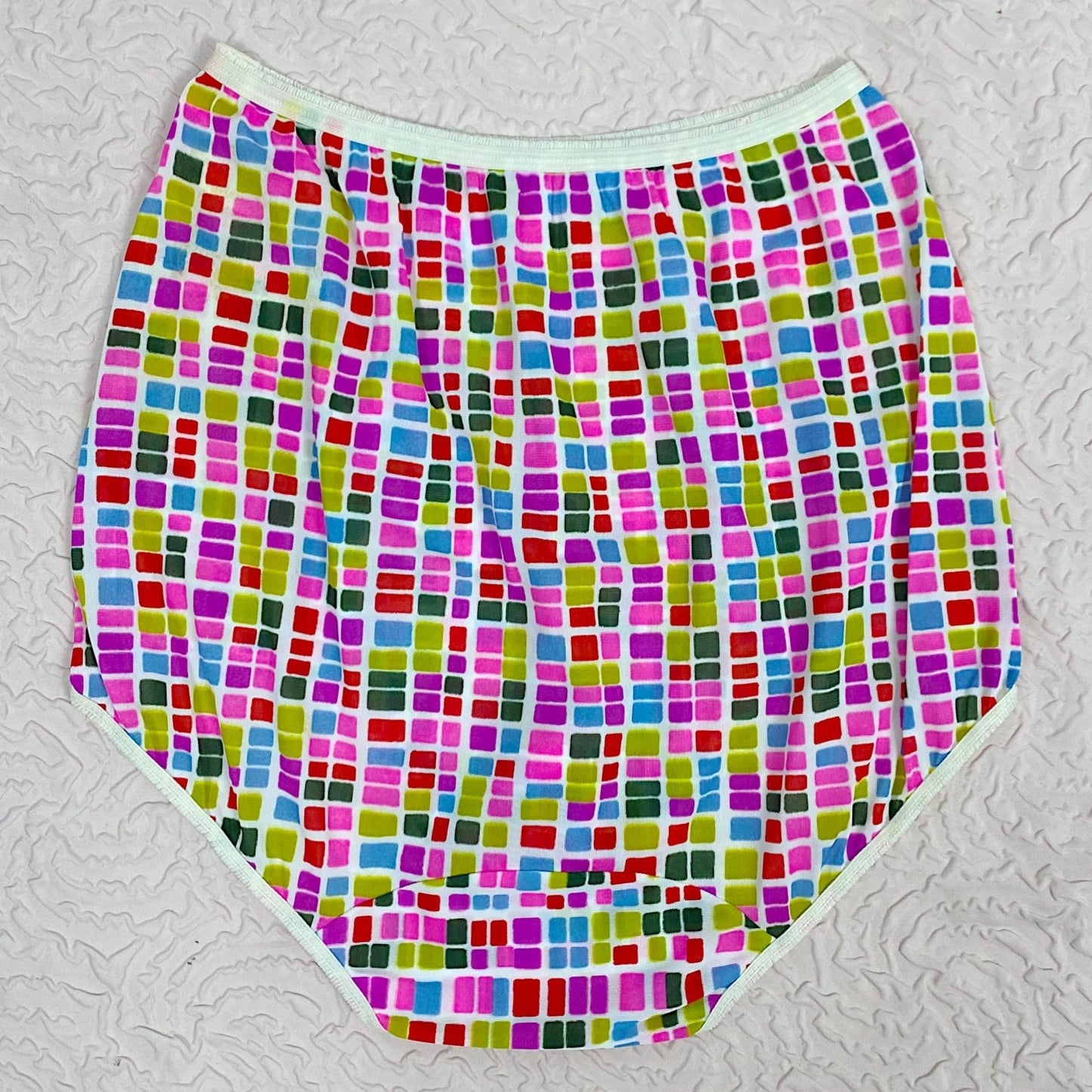 Vintage 1960's Pillow Tab Panties | High Rise White Nylon with Bold Geo Pattern & Mushroom Gusset| Size S, M | By Vassarette - Never Worn - Daggers & Dames