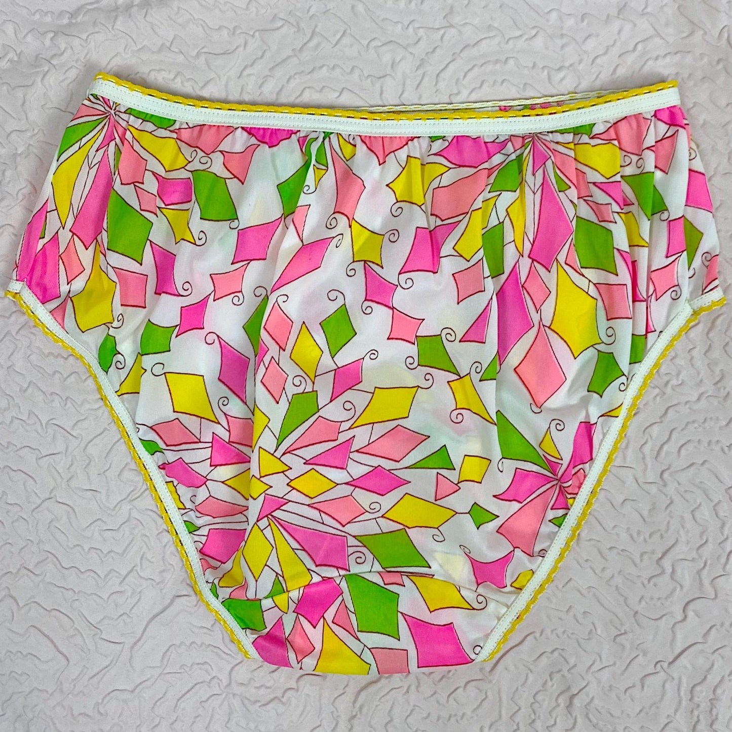 Vintage 1960's Pillow Tab Panties | Low Cut White Nylon with Neon Diamond Pattern & Mushroom Gusset | Size XS, S | Heiress - Never Worn - Daggers & Dames