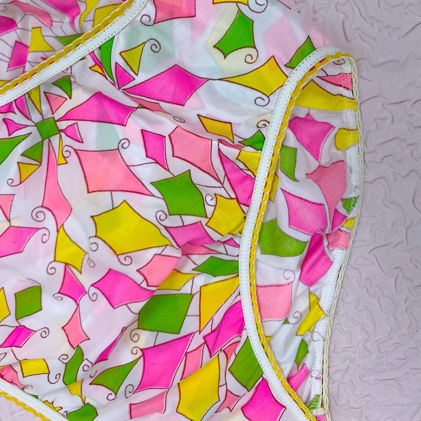 Vintage 1960's Pillow Tab Panties | Low Cut White Nylon with Neon Diamond Pattern & Mushroom Gusset | Size XS, S | Heiress - Never Worn - Daggers & Dames