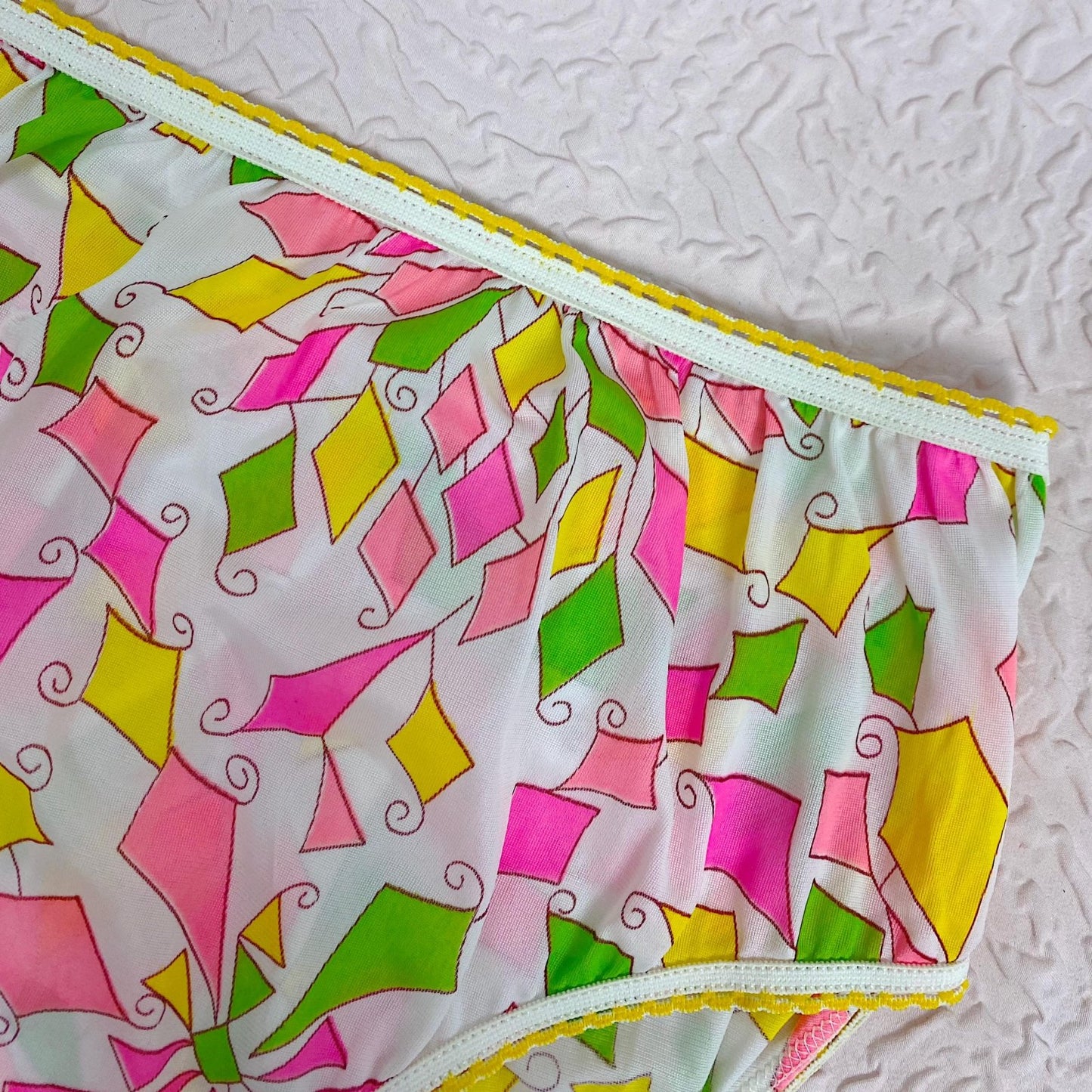 Vintage 1960's Pillow Tab Panties | Low Cut White Nylon with Neon Diamond Pattern & Mushroom Gusset | Size XS, S | Heiress - Never Worn - Daggers & Dames