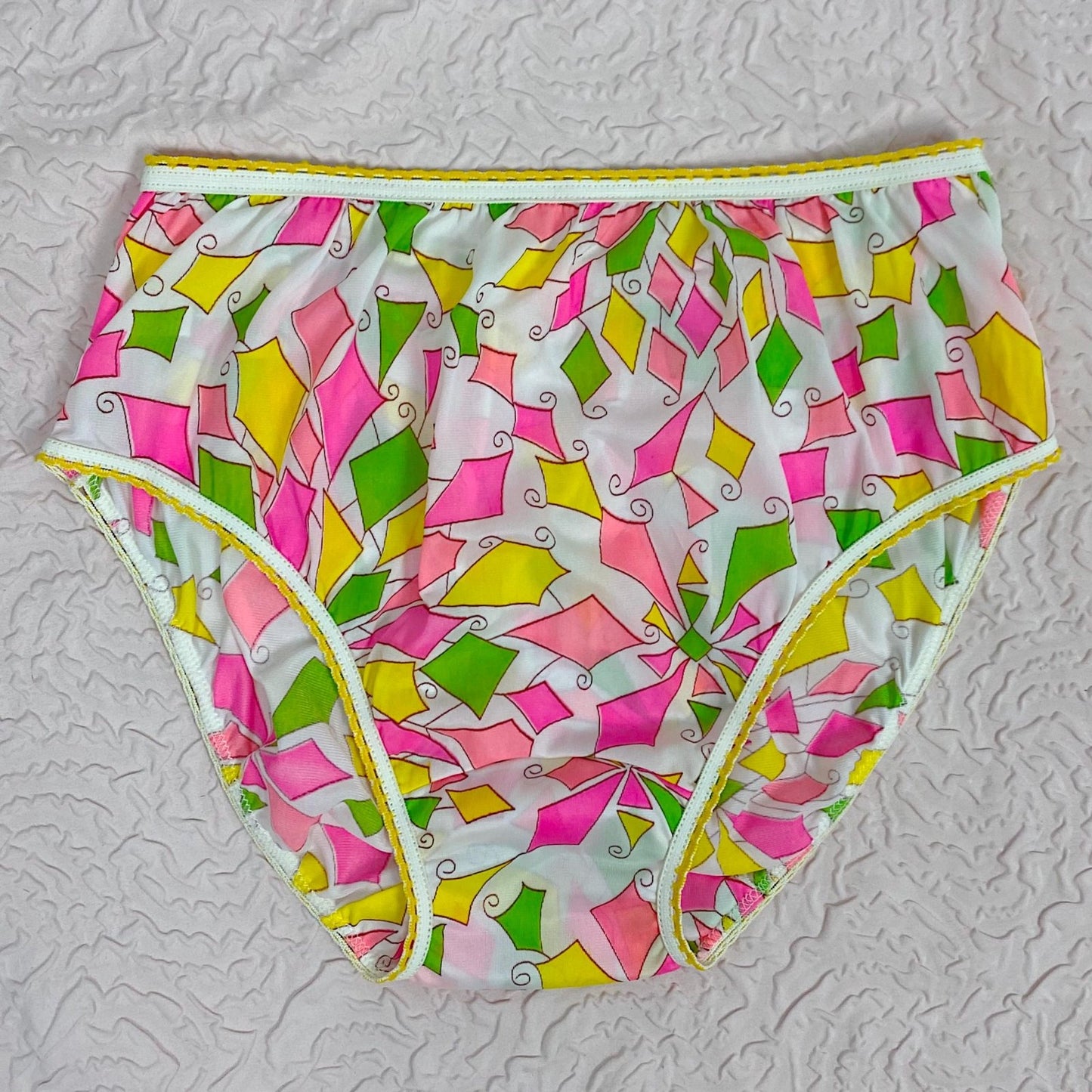 Vintage 1960's Pillow Tab Panties | Low Cut White Nylon with Neon Diamond Pattern & Mushroom Gusset | Size XS, S | Heiress - Never Worn - Daggers & Dames