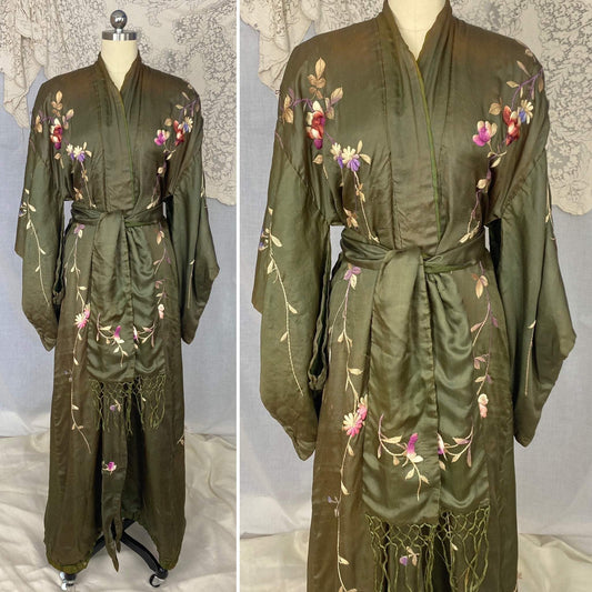 Antique 1900 - 1910's Edwardian Japanese Kimono Robe | Olive Green Tissue Silk with Floral Hand Embroidery & Fringe Sash Tie | Size Free - Daggers & Dames