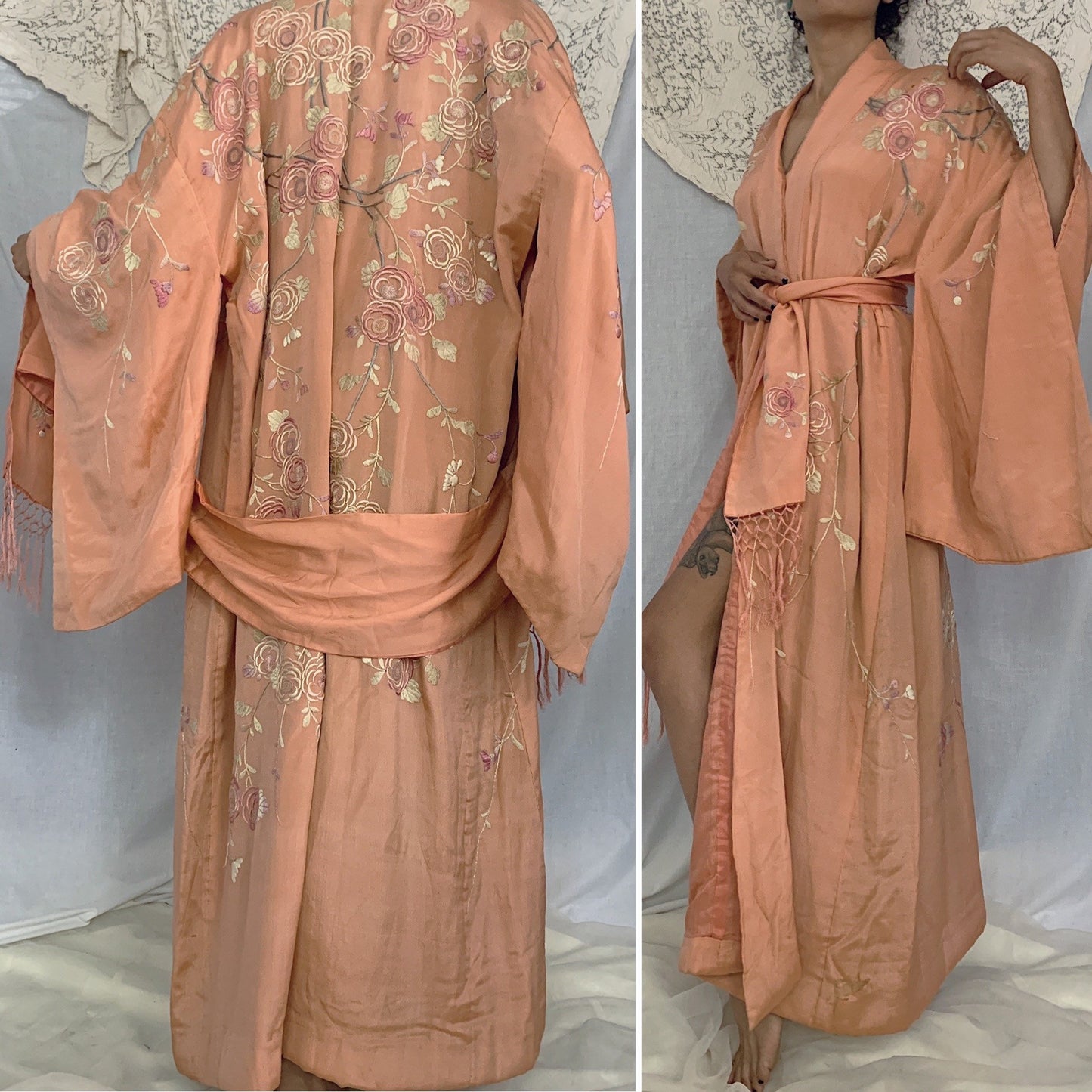 Antique 1900’s Japanese Kimono Robe | Coral Pink Silk with Pastel Floral Embroidery & Tassel Sash | Size Free - Daggers & Dames
