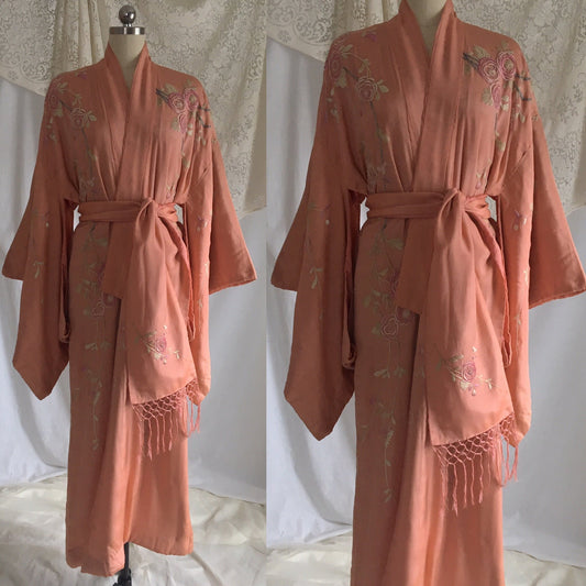 Antique 1900’s Japanese Kimono Robe | Coral Pink Silk with Pastel Floral Embroidery & Tassel Sash | Size Free - Daggers & Dames