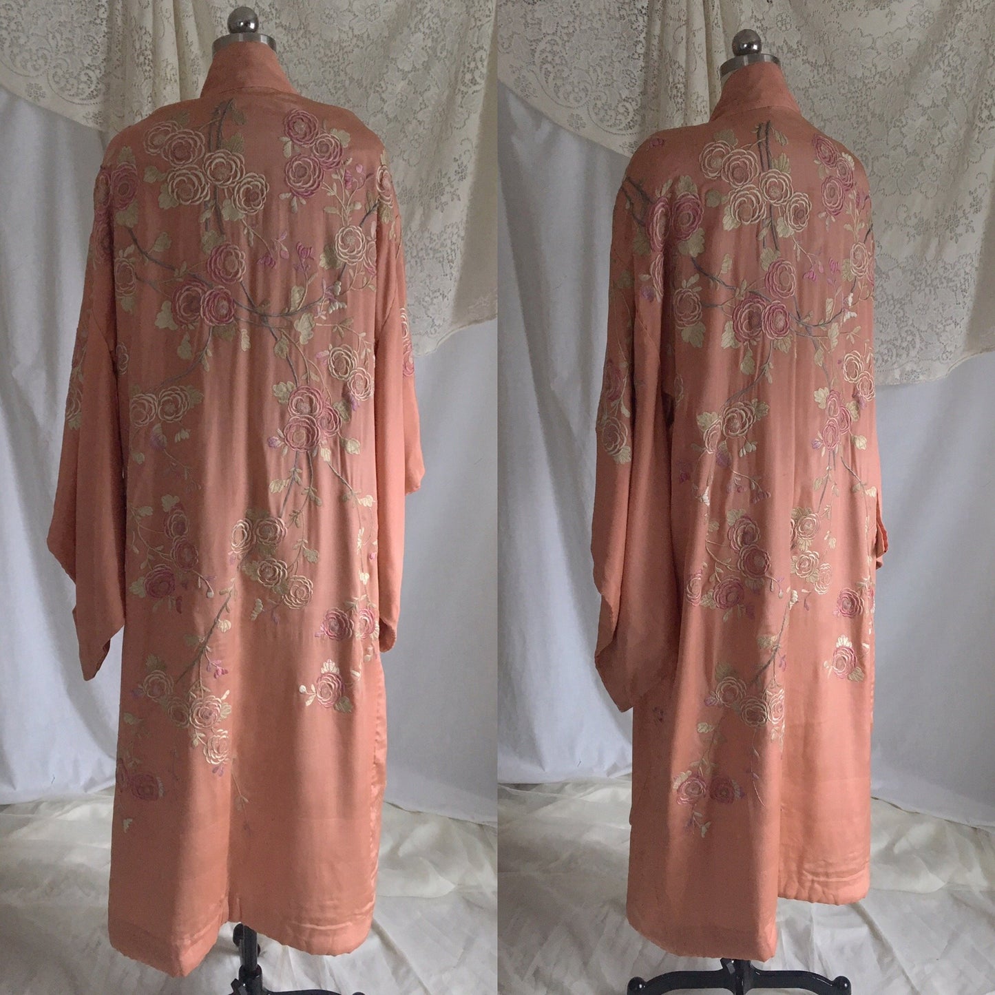 Antique 1900’s Japanese Kimono Robe | Coral Pink Silk with Pastel Floral Embroidery & Tassel Sash | Size Free - Daggers & Dames
