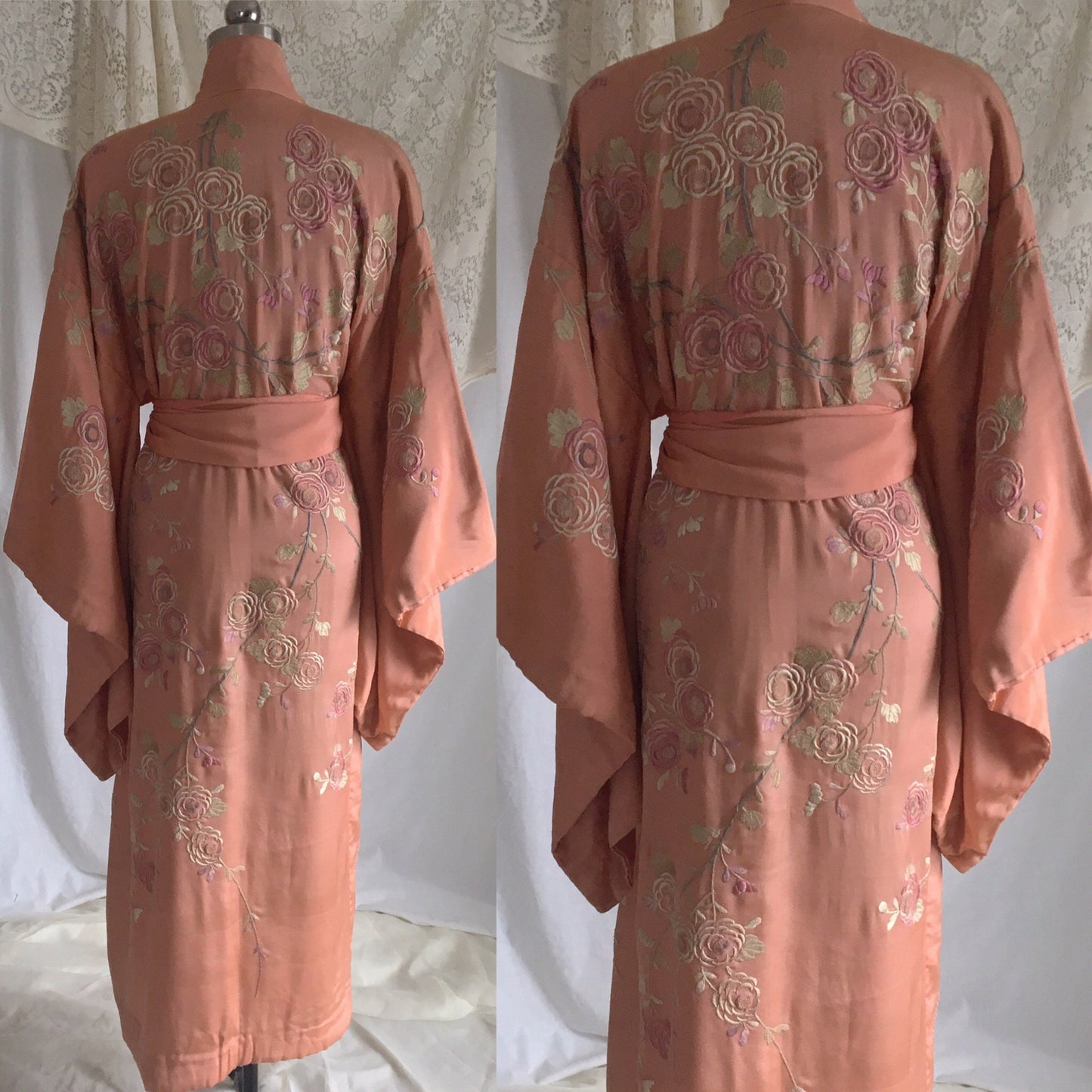 Antique 1900’s Japanese Kimono Robe | Coral Pink Silk with Pastel Floral Embroidery & Tassel Sash | Size Free - Daggers & Dames